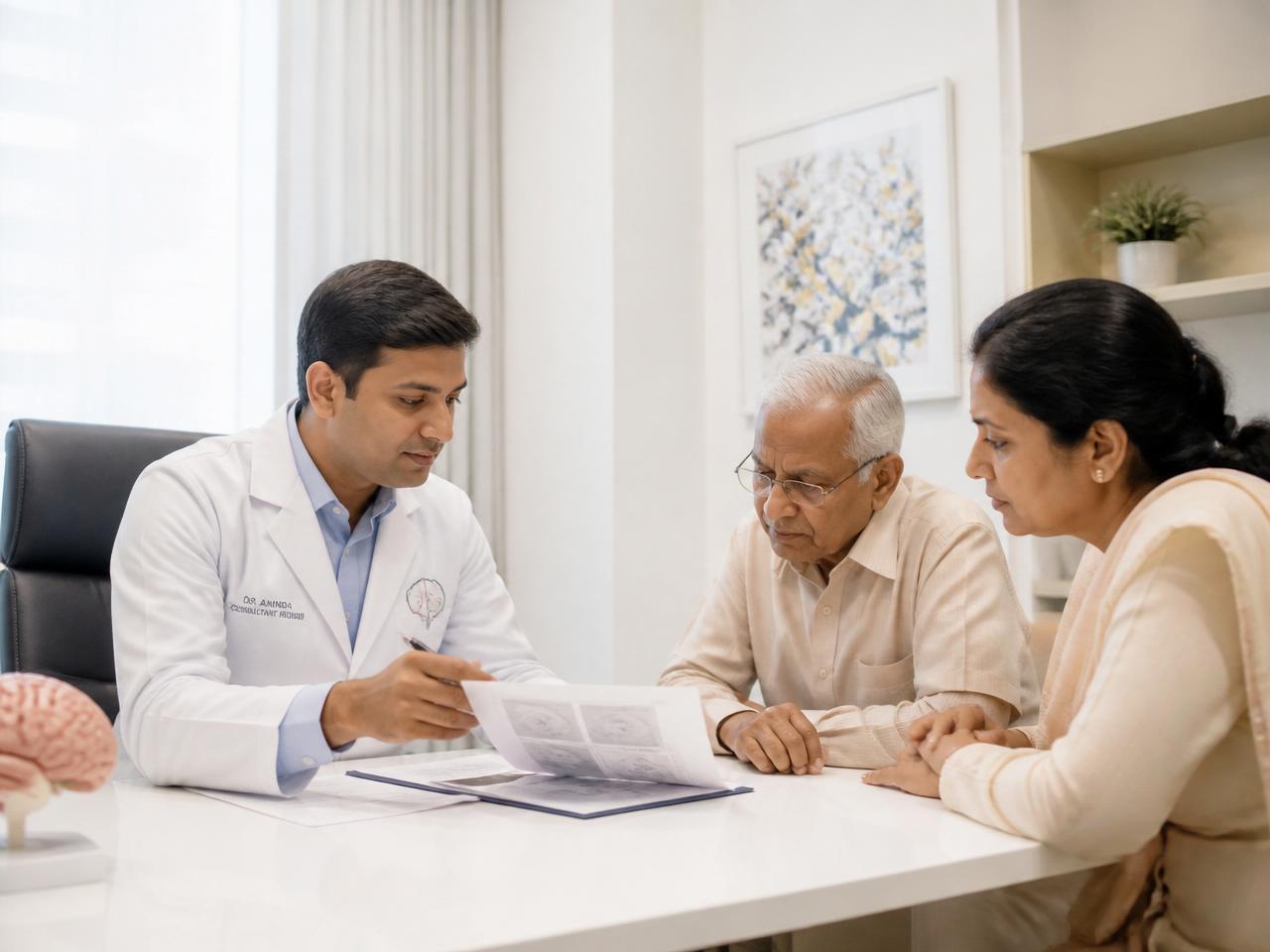 Dr. S. K. Gupta consulting with an elderly patient and family member